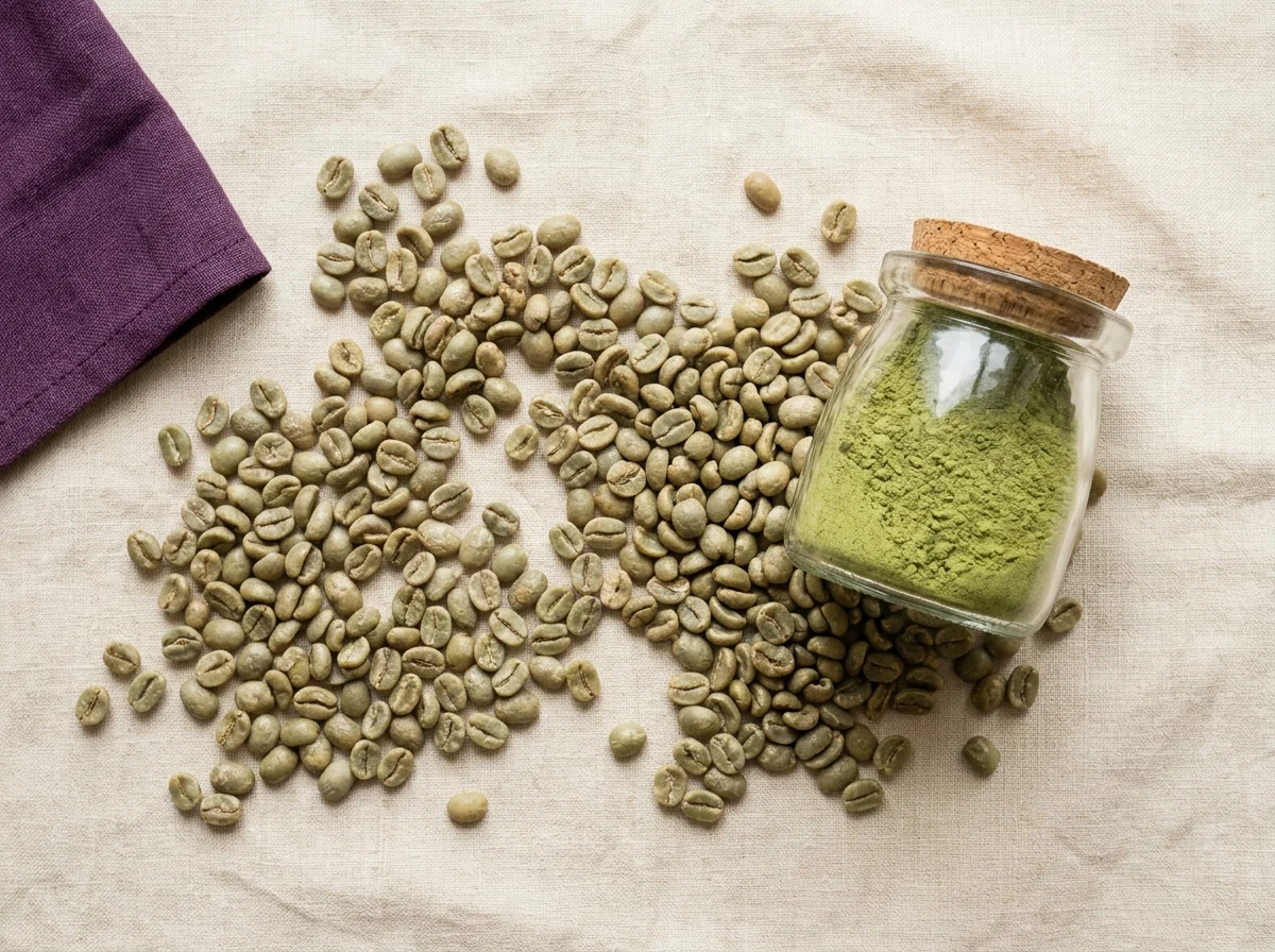 Green coffee bean extract supplement - raw beans and powder on linen