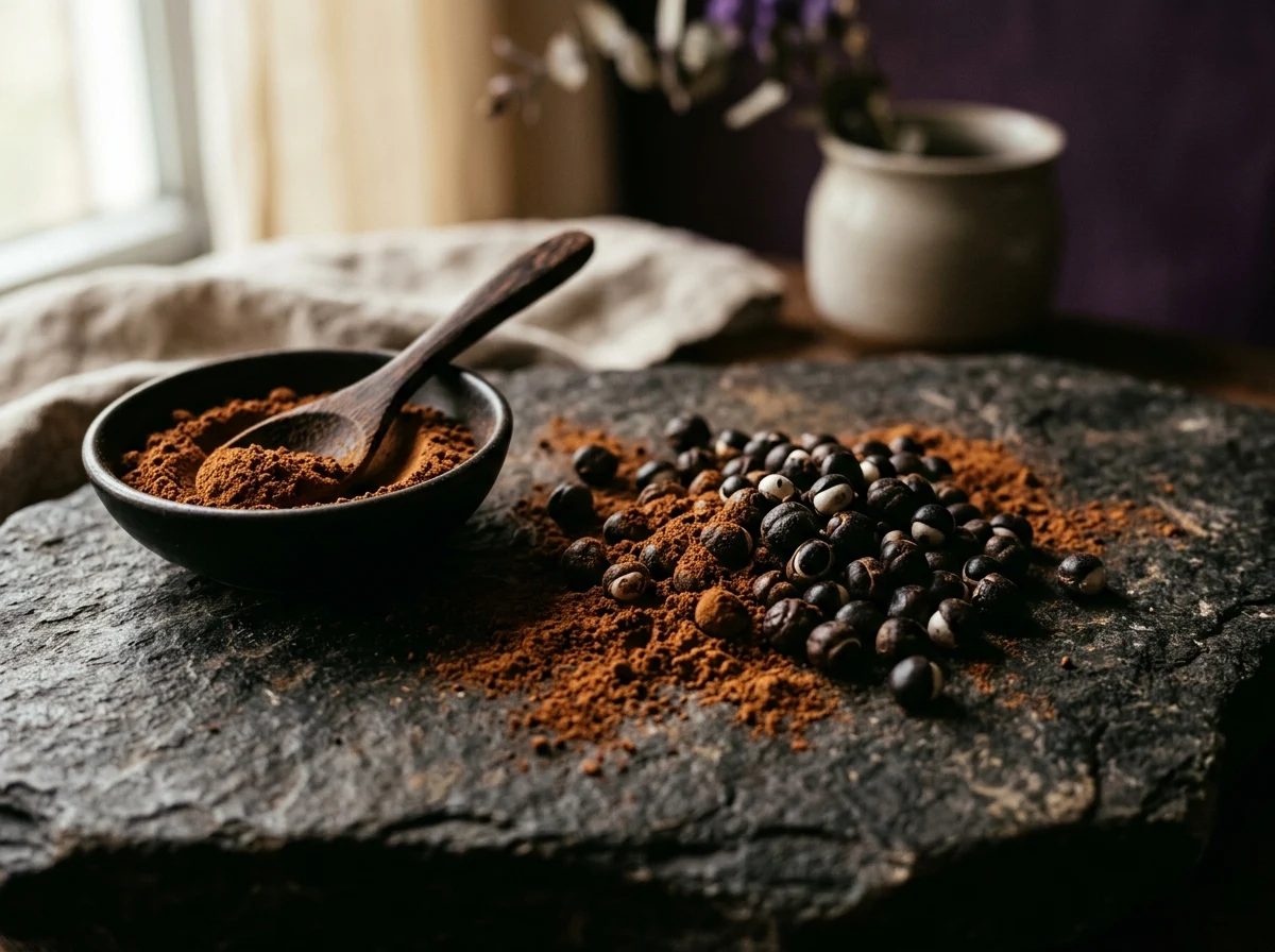 Guarana extract supplement UK - seeds and reddish powder on dark stone