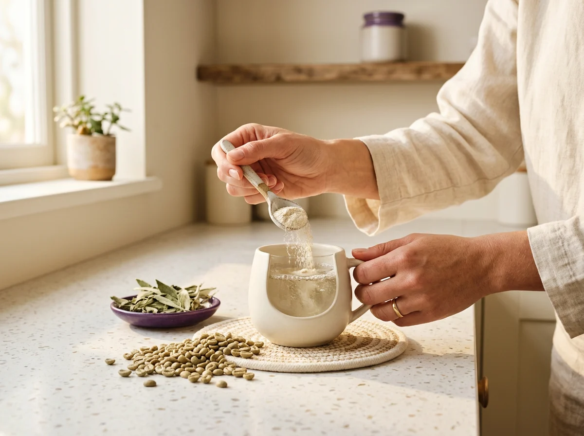 Hands preparing botanical energy supplement daily routine morning drink with green coffee beans